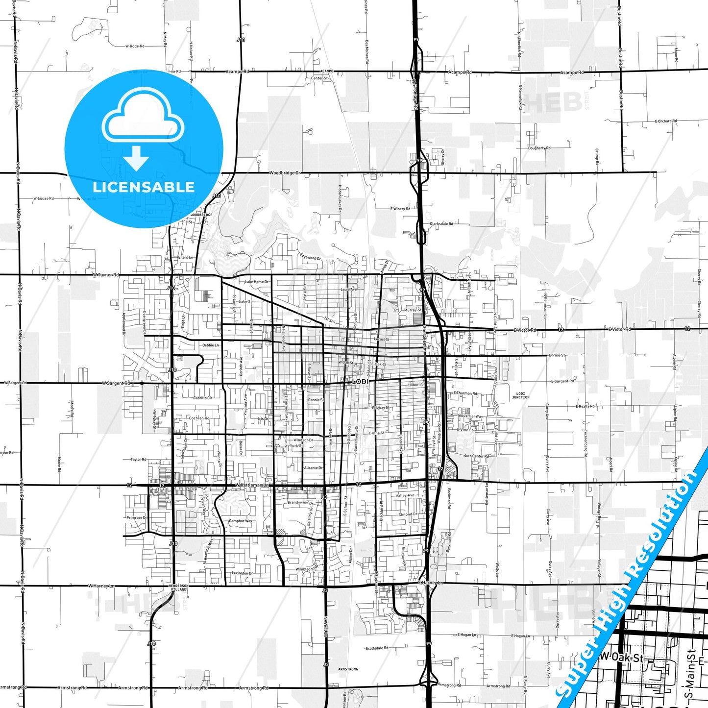 Lodi, California Light Map with Street Names, City Names, and Districts