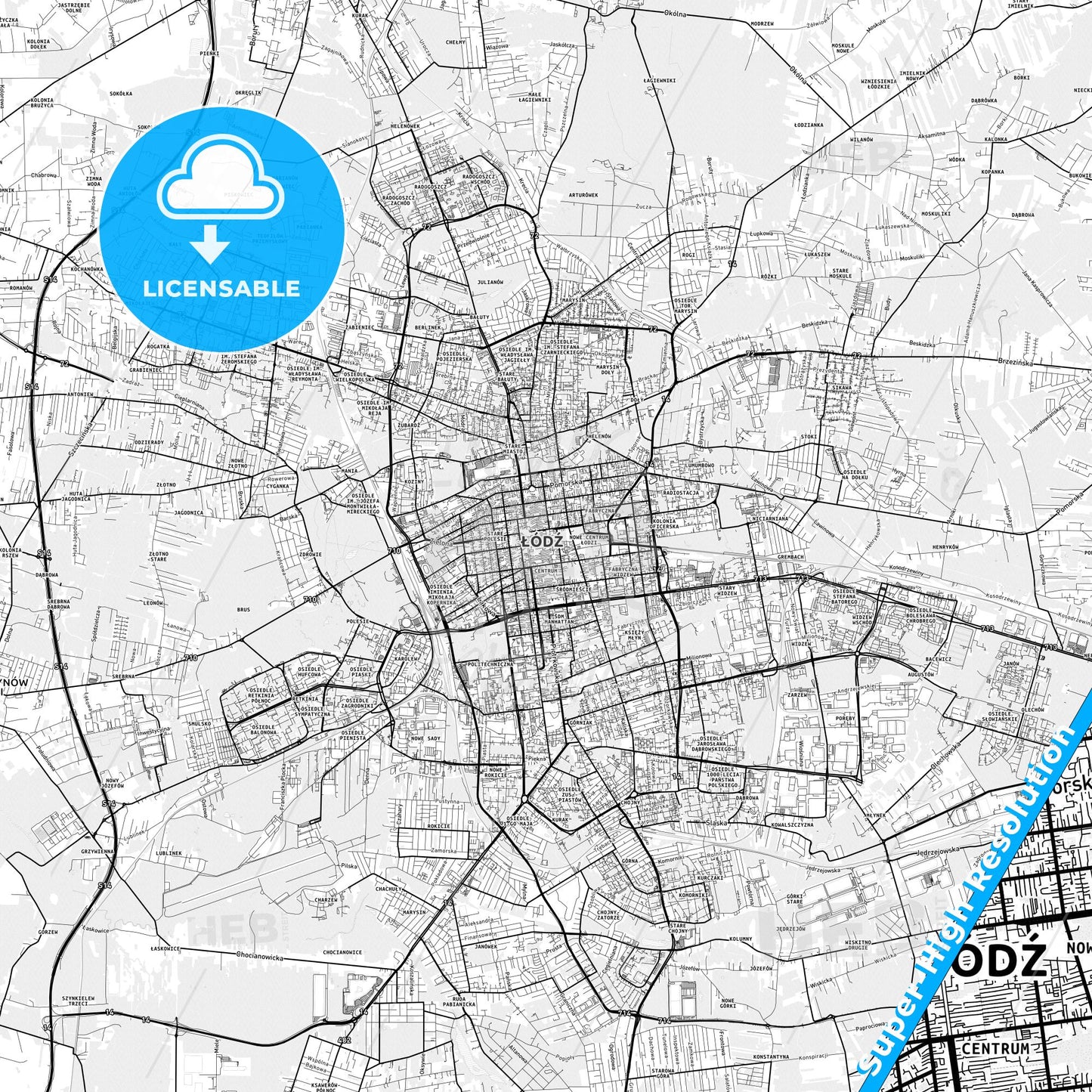 Łódź, Poland light map with streetnames, citynames and districts