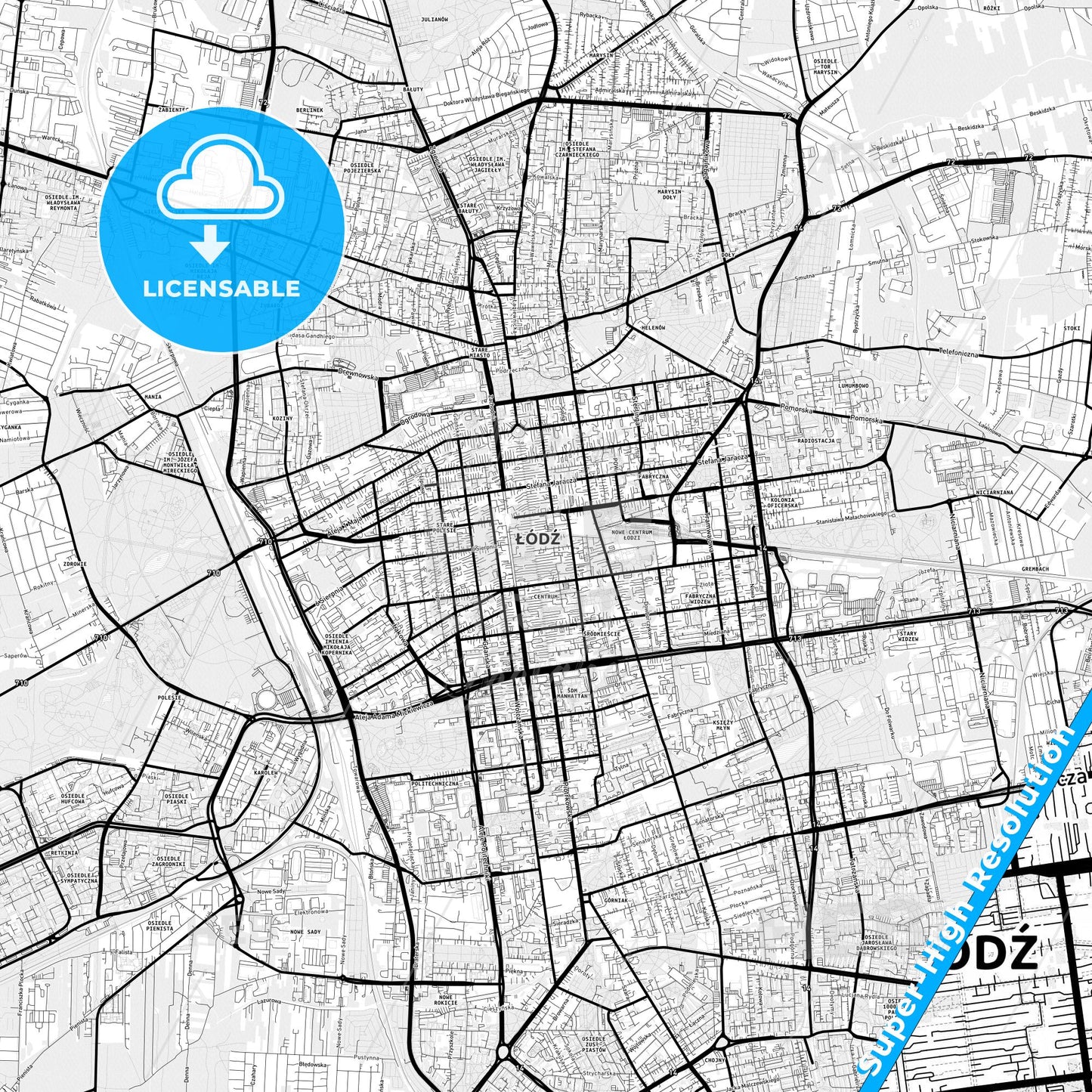 Łódź, Poland Light Map with Street Names, City Names, and Districts