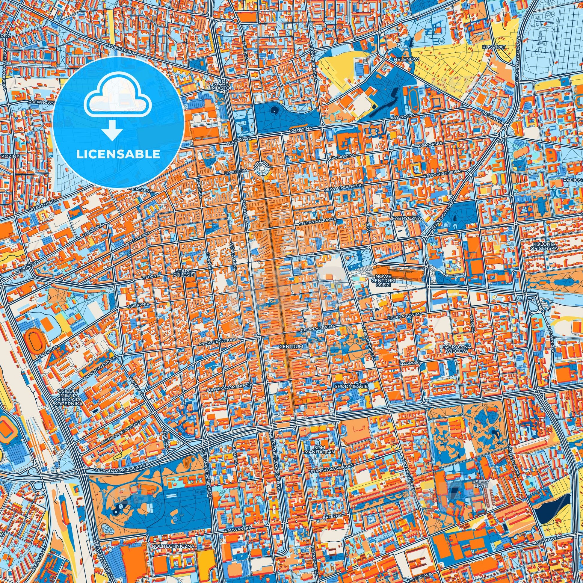 Colorful Łódź Street Map with Labels and Buildings