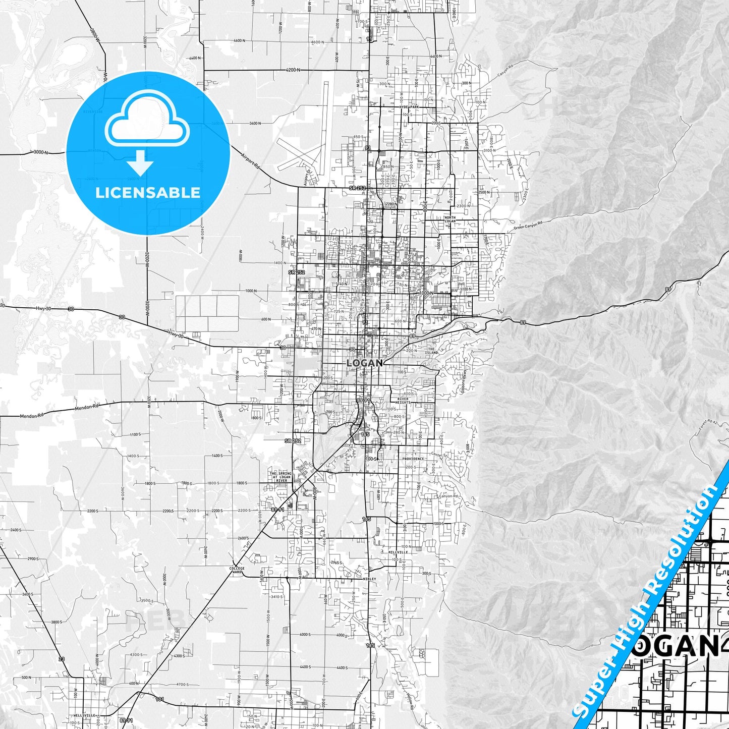 Logan, Utah light map with streetnames, citynames and districts