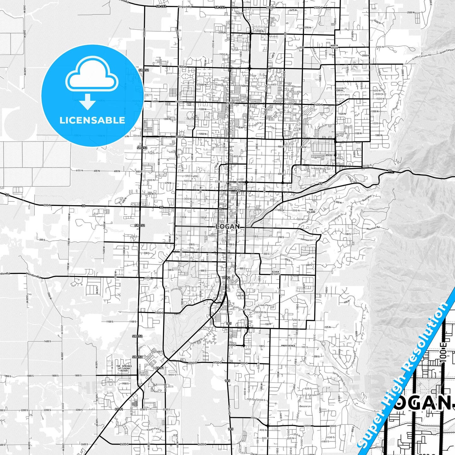 Logan, Utah Light Map with Street Names, City Names, and Districts