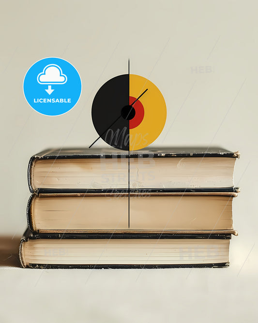 Minimalist Bauhaus Book Cover Art: Japanese-Style Stack of Books with Black and Yellow Circle