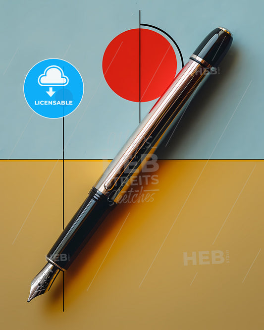Minimalist Bauhaus Fountain Pen on Vibrant Blue and Yellow Background, Inspired by Japanese Book Covers, Modern Art Painting
