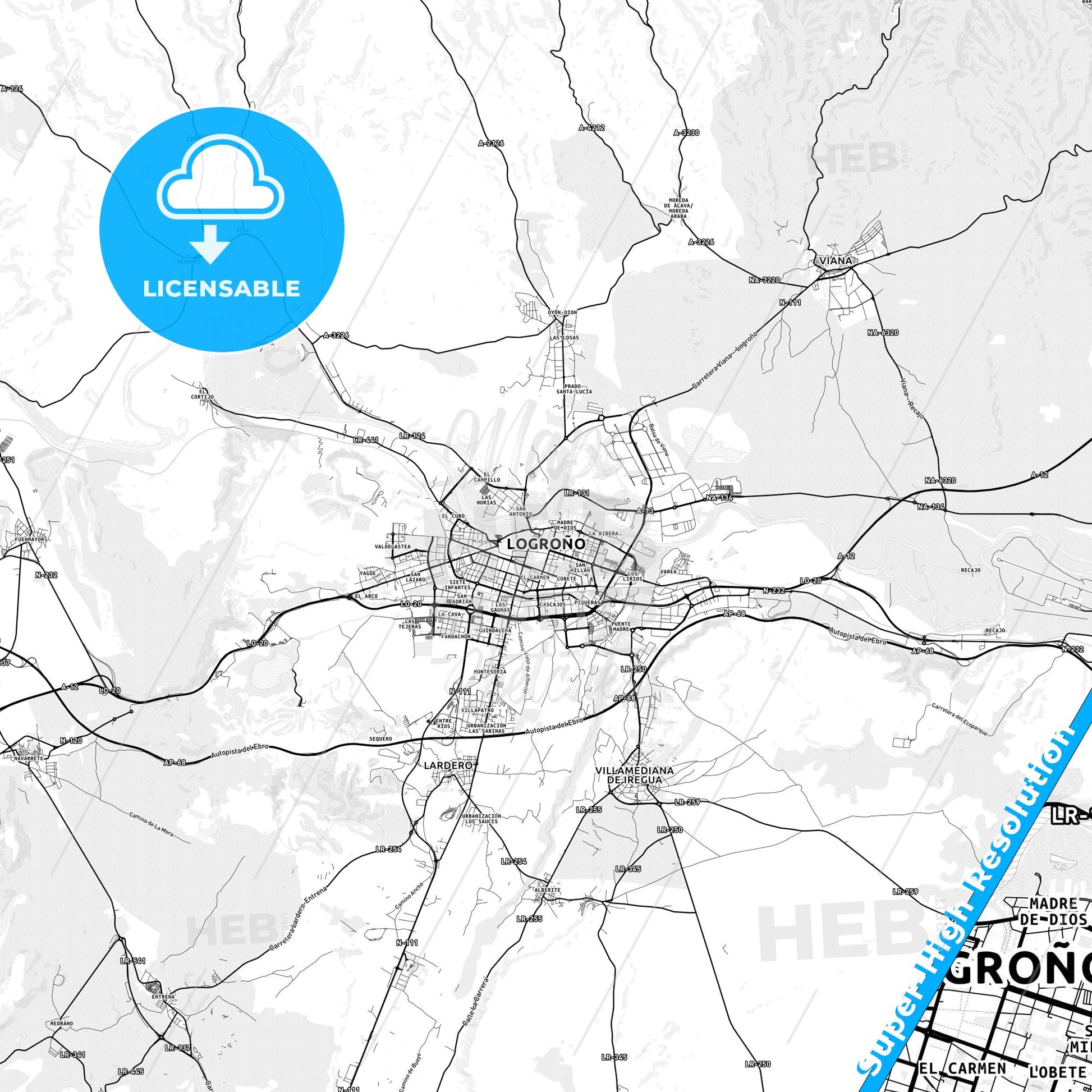 Logroño, Spain light map with streetnames, citynames and districts
