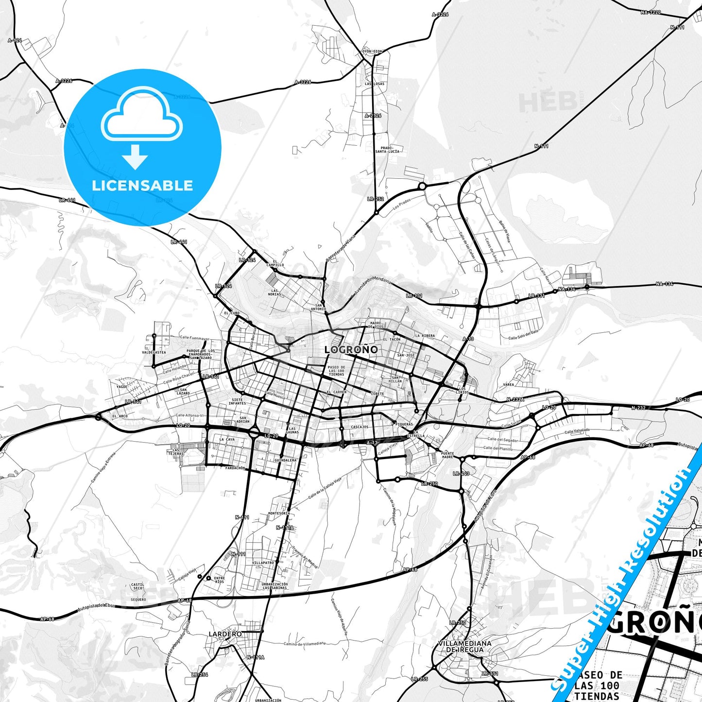 Logroño, Spain Light Map with Street Names, City Names, and Districts