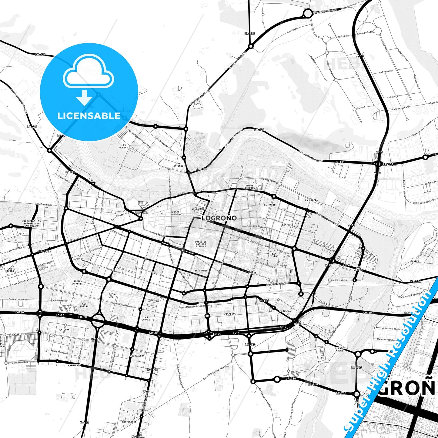 Logroño, Spain Light Map with Street Names, City Names, and Districts