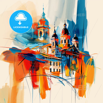 Vibrant Logroño, Spain - A Painting Of A Building With A Colorful Background