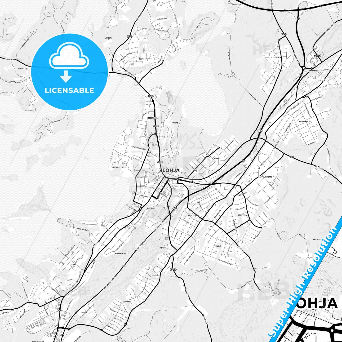 Lohja, Finland Light Map with Street Names, City Names, and Districts
