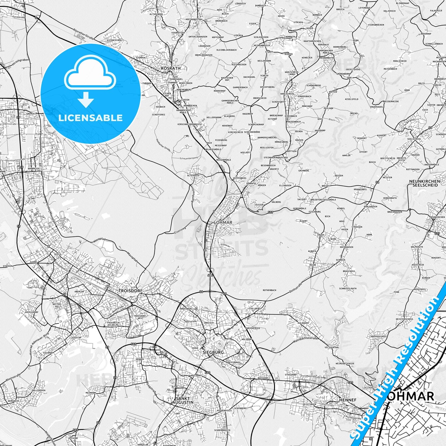 Lohmar, Germany light map with streetnames, citynames and districts