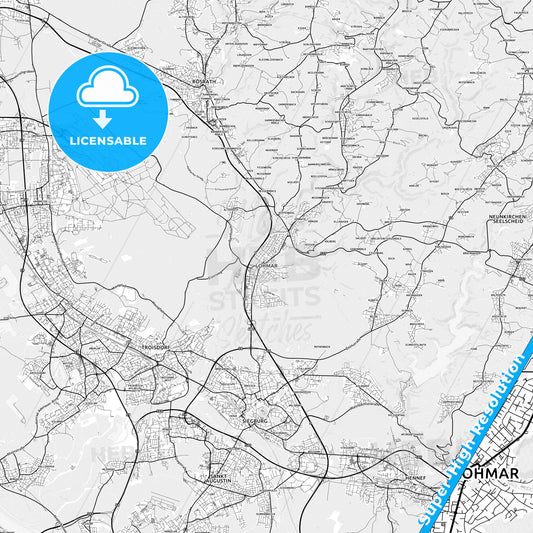 Lohmar, Germany light map with streetnames, citynames and districts