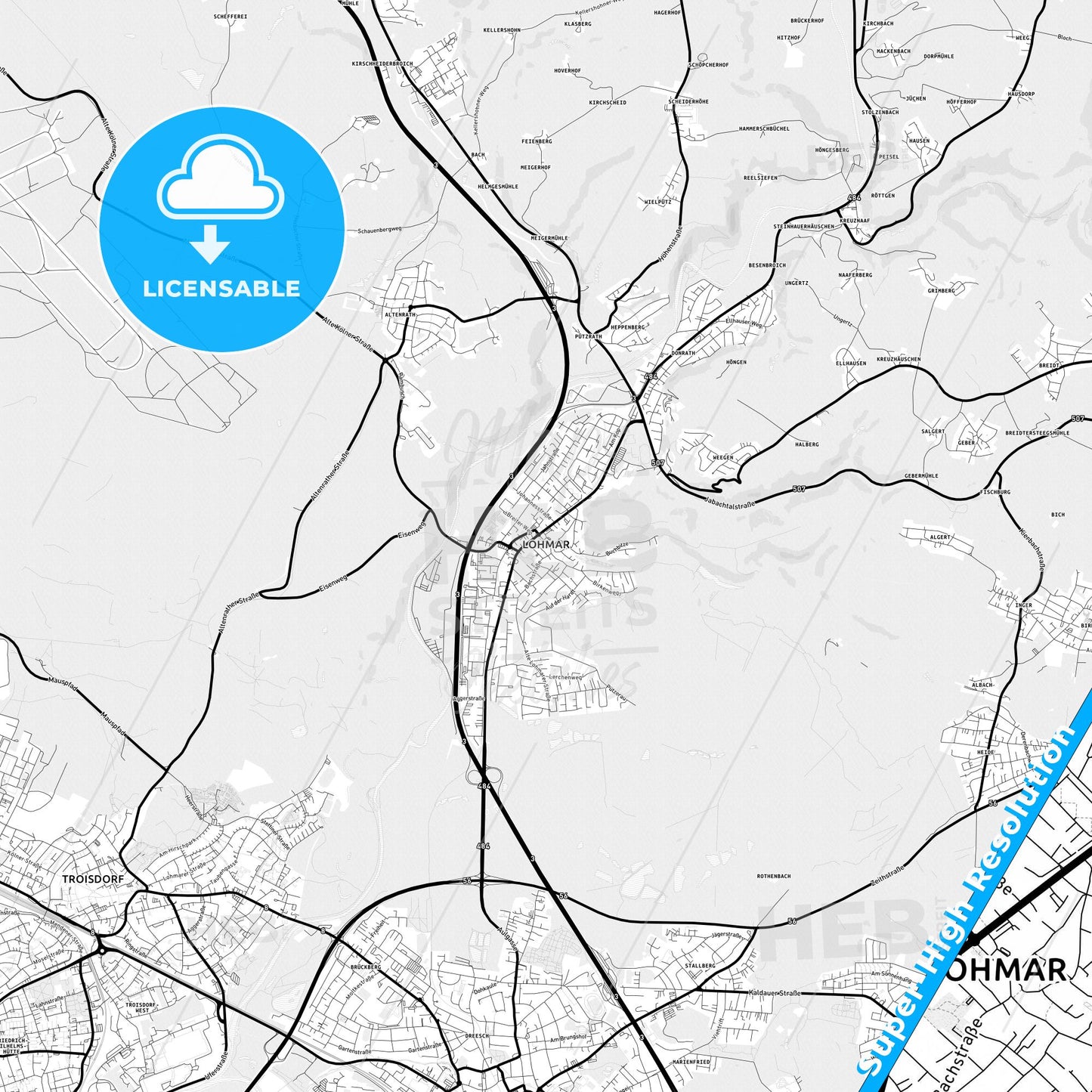 Lohmar, Germany Light Map with Street Names, City Names, and Districts