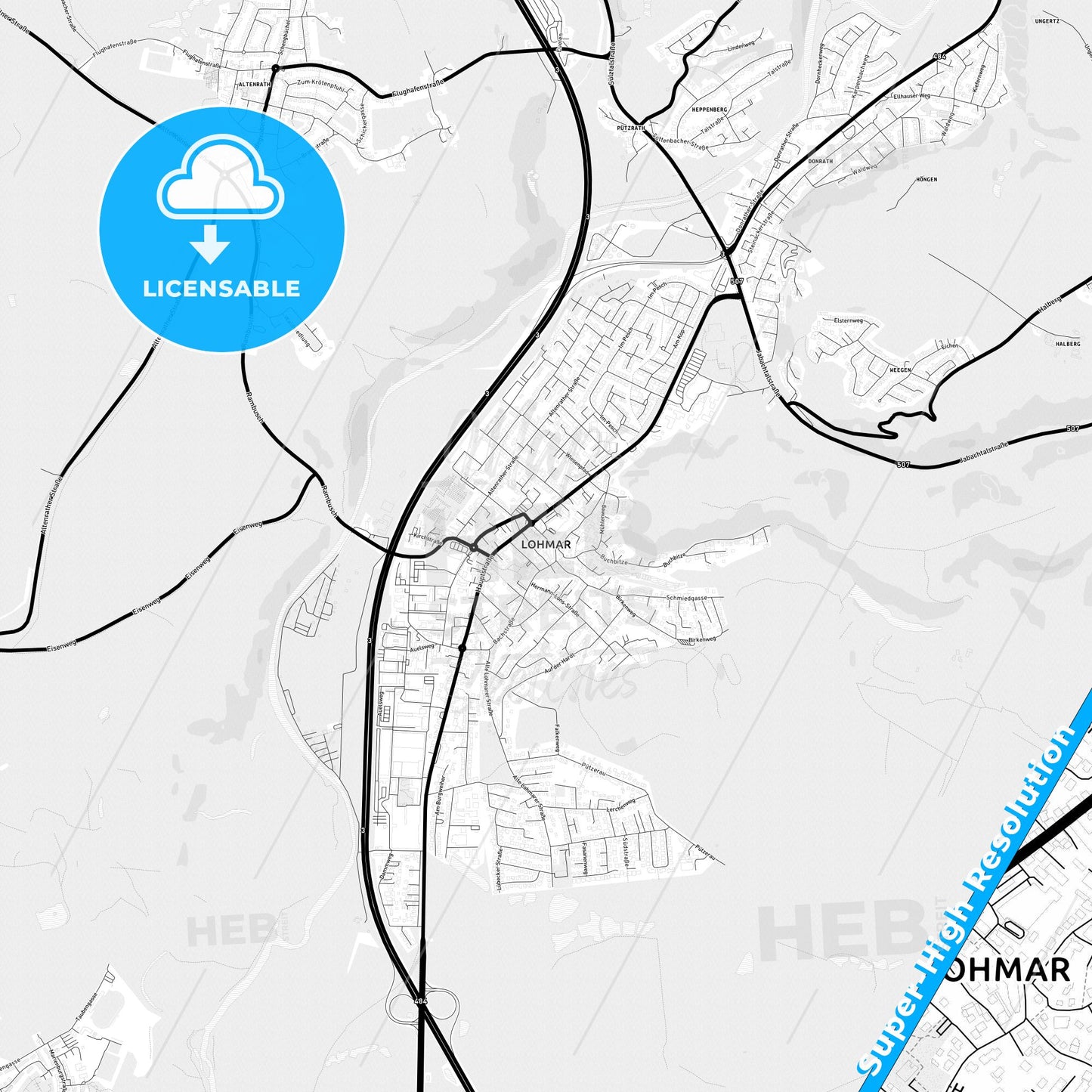 Lohmar, Germany Light Map with Street Names, City Names, and Districts