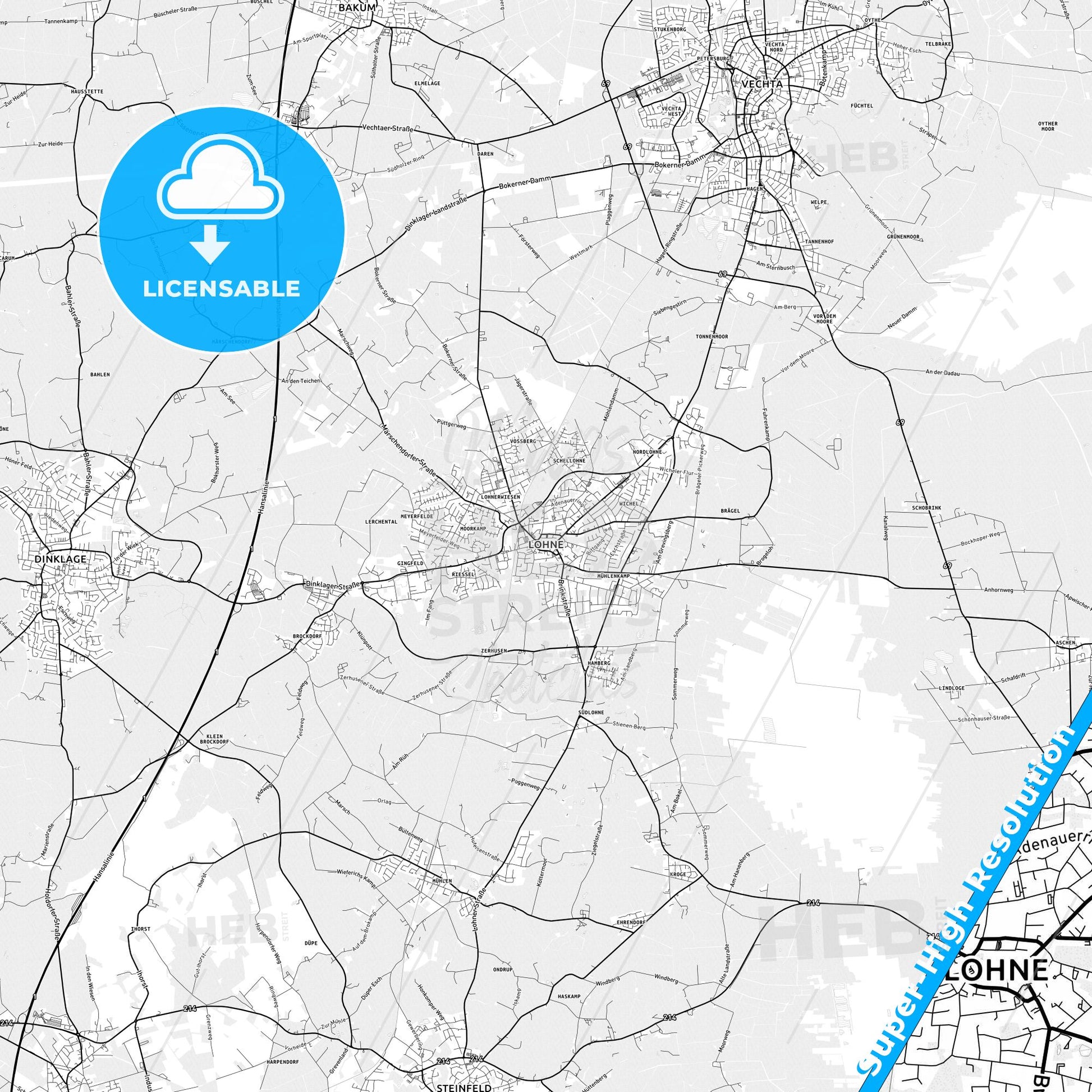 Lohne, Germany light map with streetnames, citynames and districts