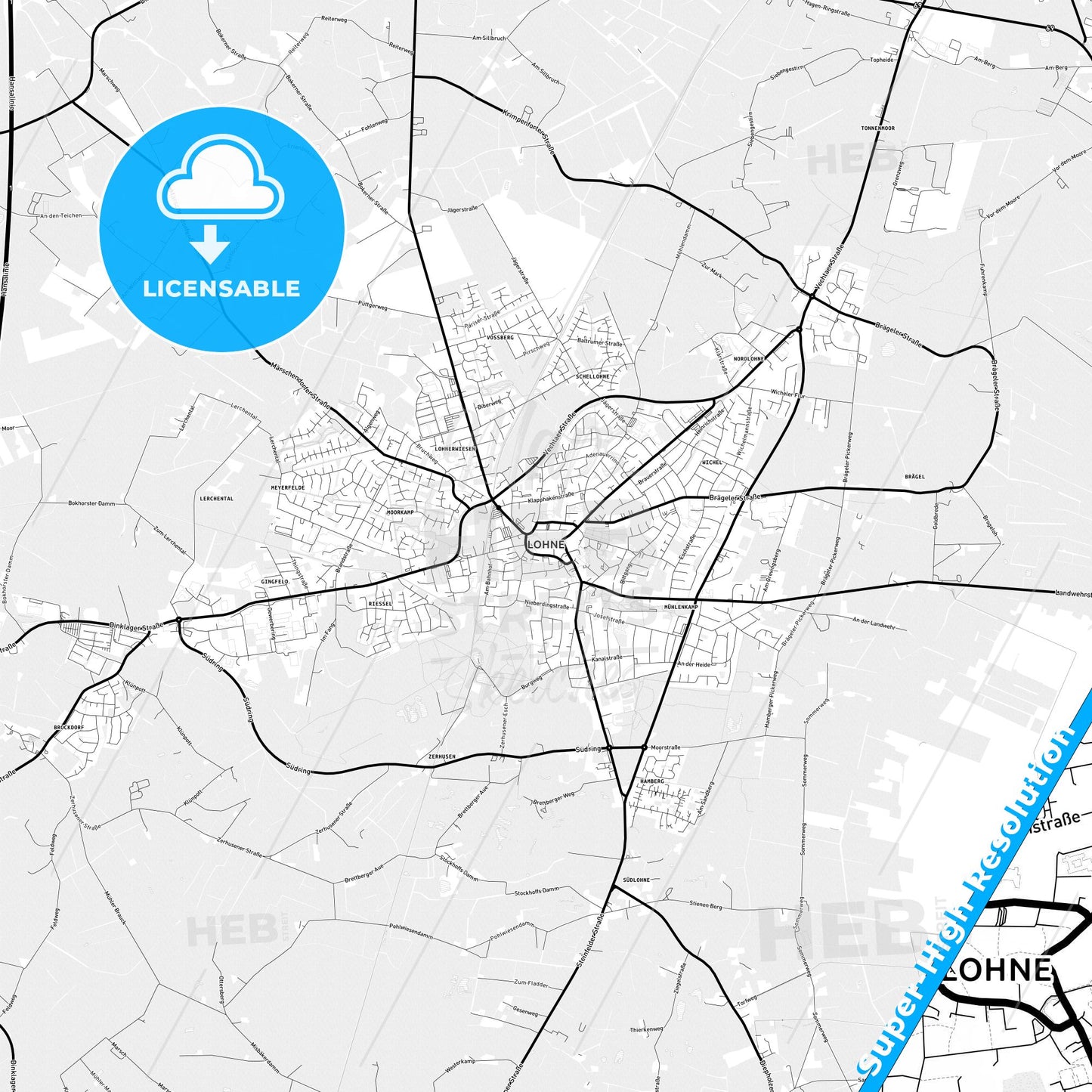 Lohne, Germany Light Map with Street Names, City Names, and Districts
