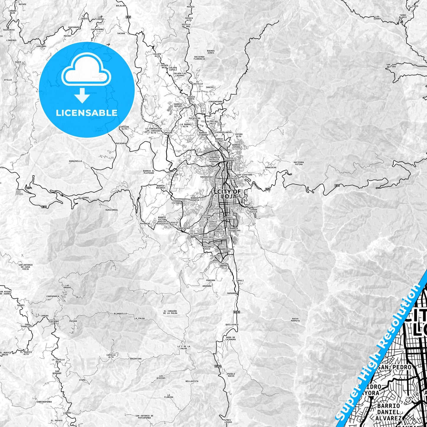 Loja, Ecuador light map with streetnames, citynames and districts
