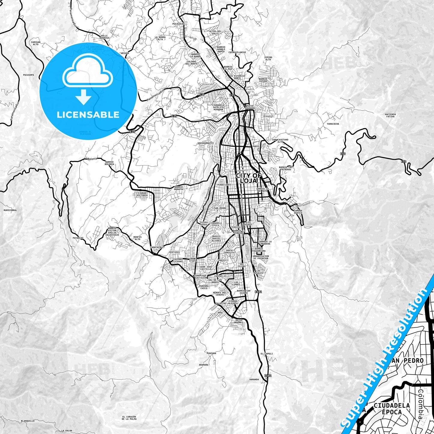 Loja, Ecuador Light Map with Street Names, City Names, and Districts