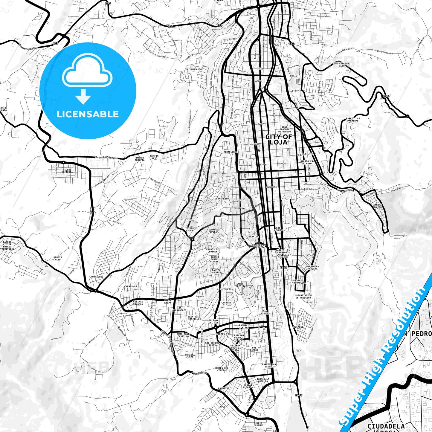Loja, Ecuador Light Map with Street Names, City Names, and Districts