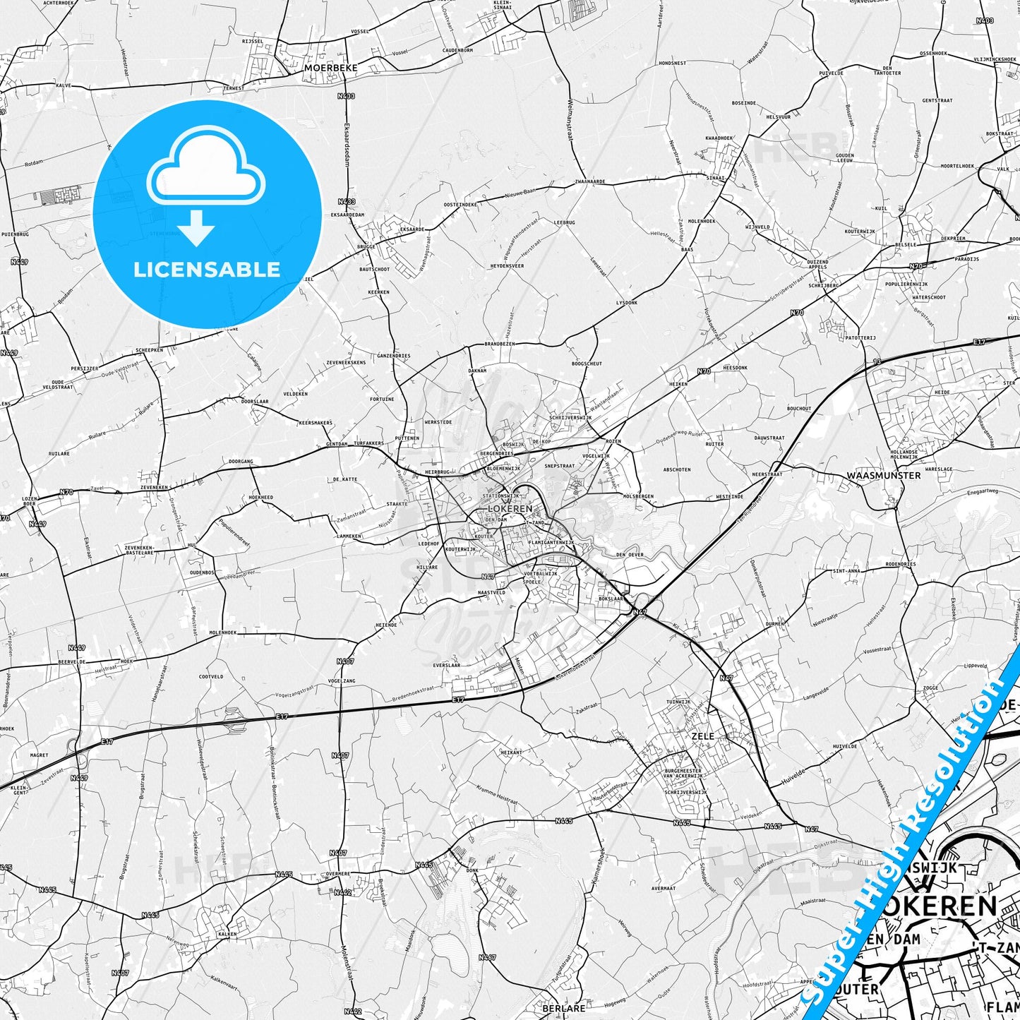 Lokeren, Belgium light map with streetnames, citynames and districts