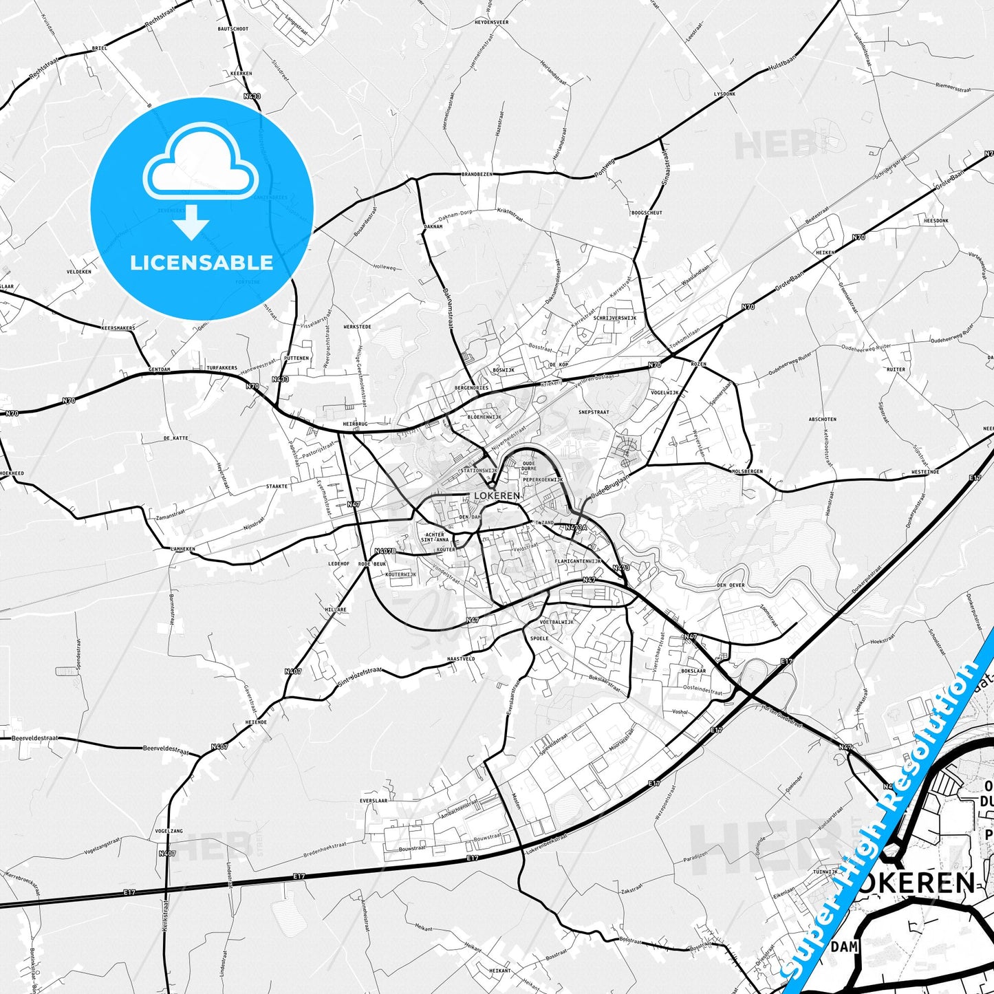 Lokeren, Belgium Light Map with Street Names, City Names, and Districts