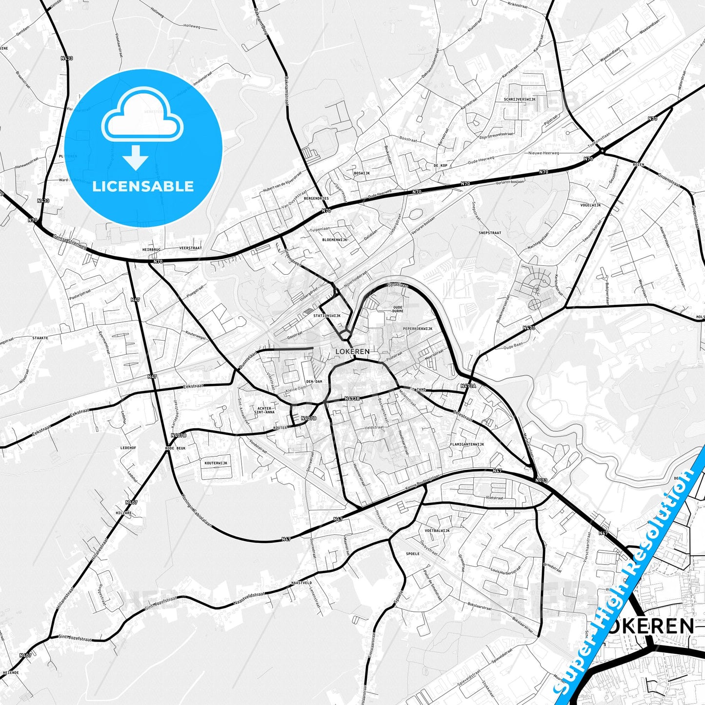Lokeren, Belgium Light Map with Street Names, City Names, and Districts