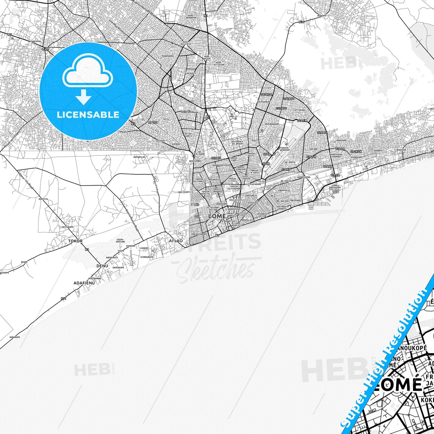 Lome, Togo light map with streetnames, citynames and districts