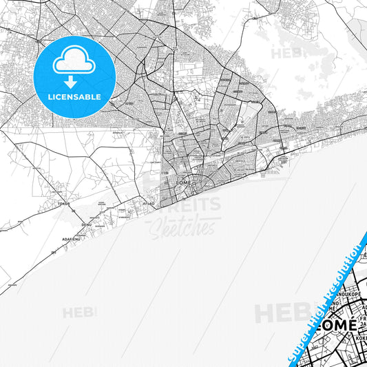 Lome, Togo light map with streetnames, citynames and districts
