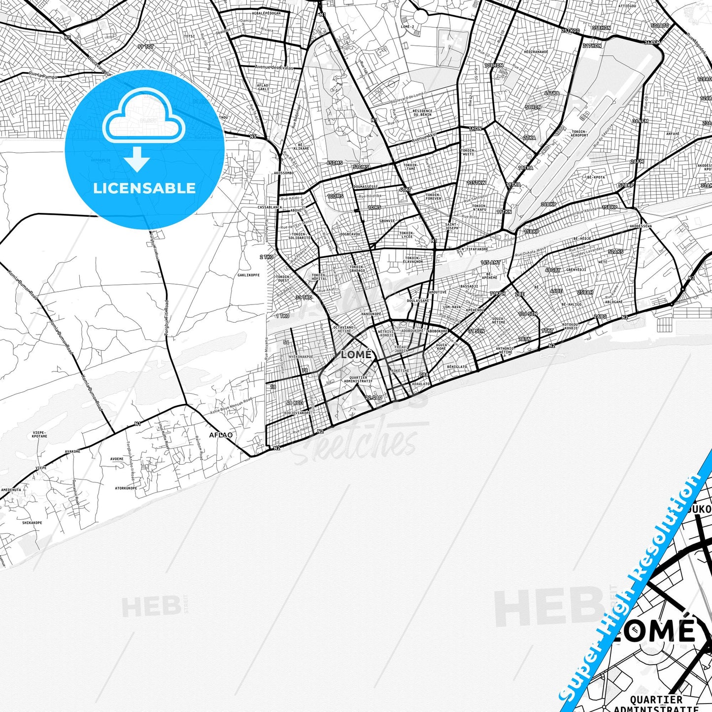Lome, Togo Light Map with Street Names, City Names, and Districts