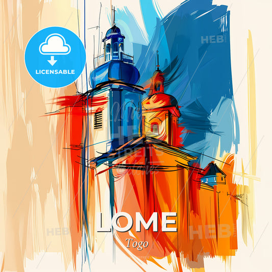 Vibrant Lome, Togo - A Painting Of A Building With A Blue And Orange Roof - Square format print template