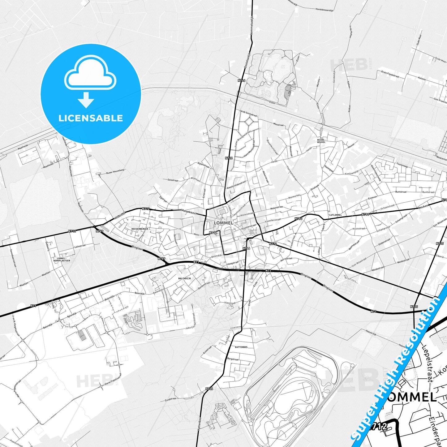 Lommel, Belgium Light Map with Street Names, City Names, and Districts