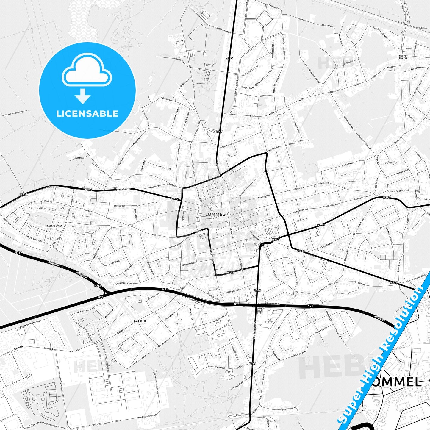 Lommel, Belgium Light Map with Street Names, City Names, and Districts