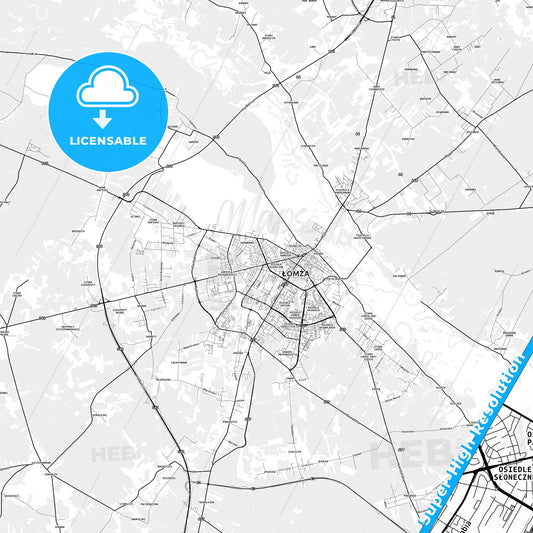 Łomża, Poland light map with streetnames, citynames and districts