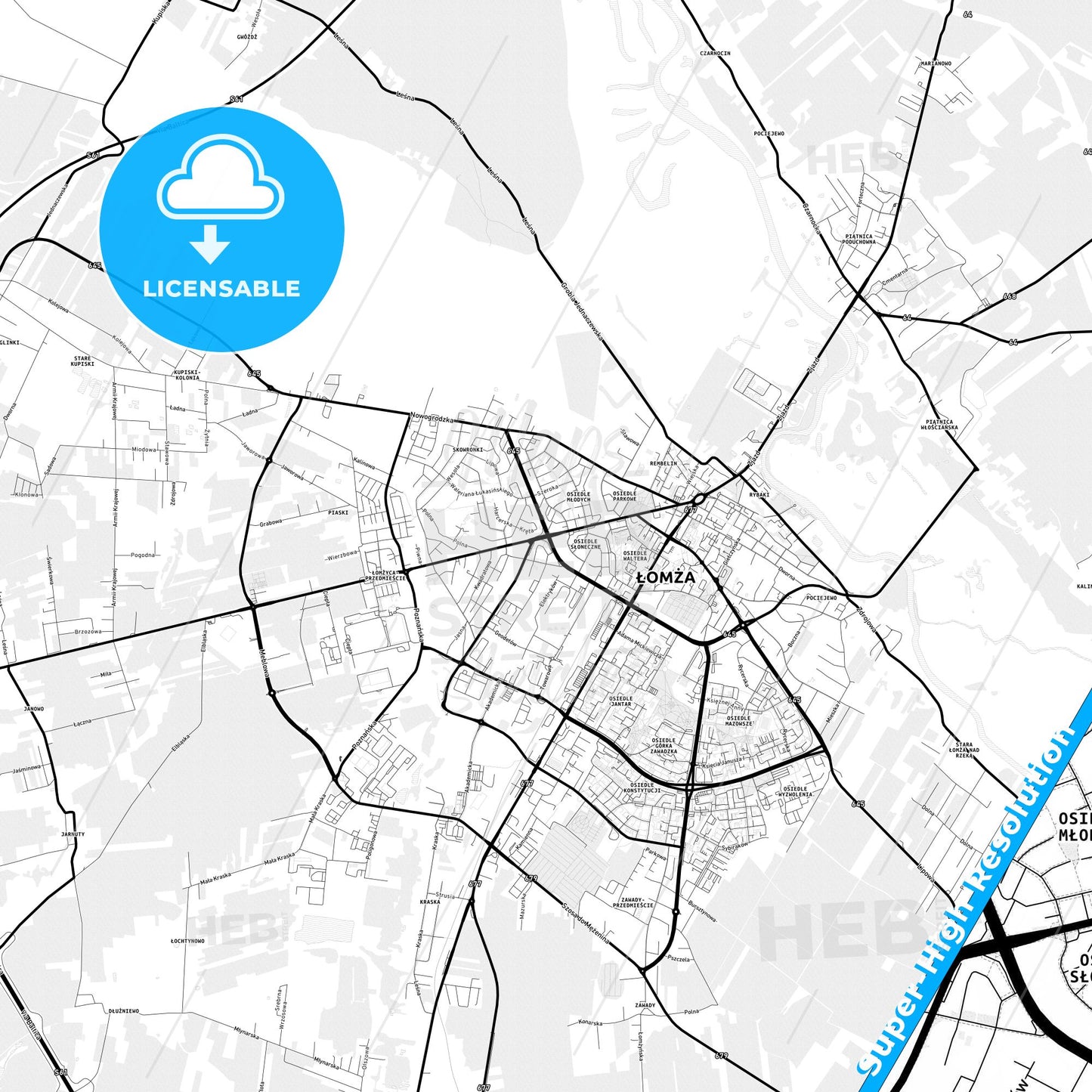 Łomża, Poland Light Map with Street Names, City Names, and Districts