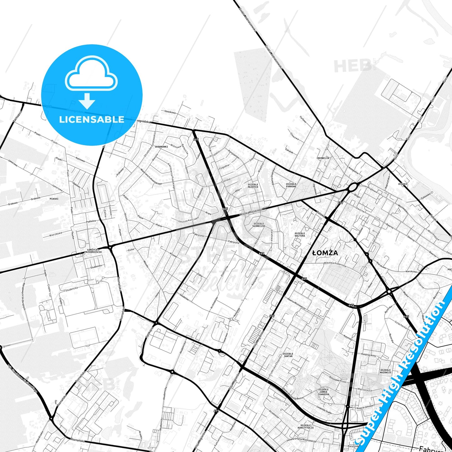 Łomża, Poland Light Map with Street Names, City Names, and Districts