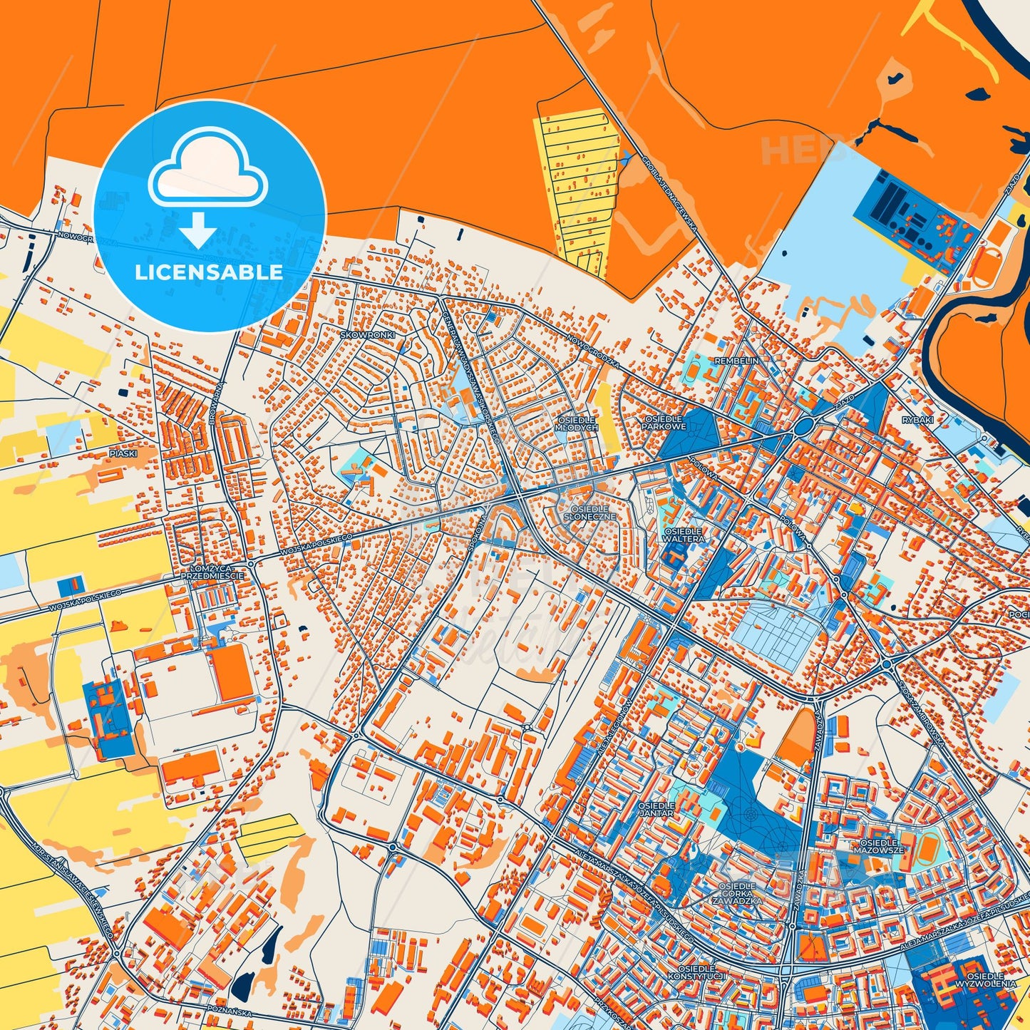 Colorful Łomża Street Map with Labels and Buildings