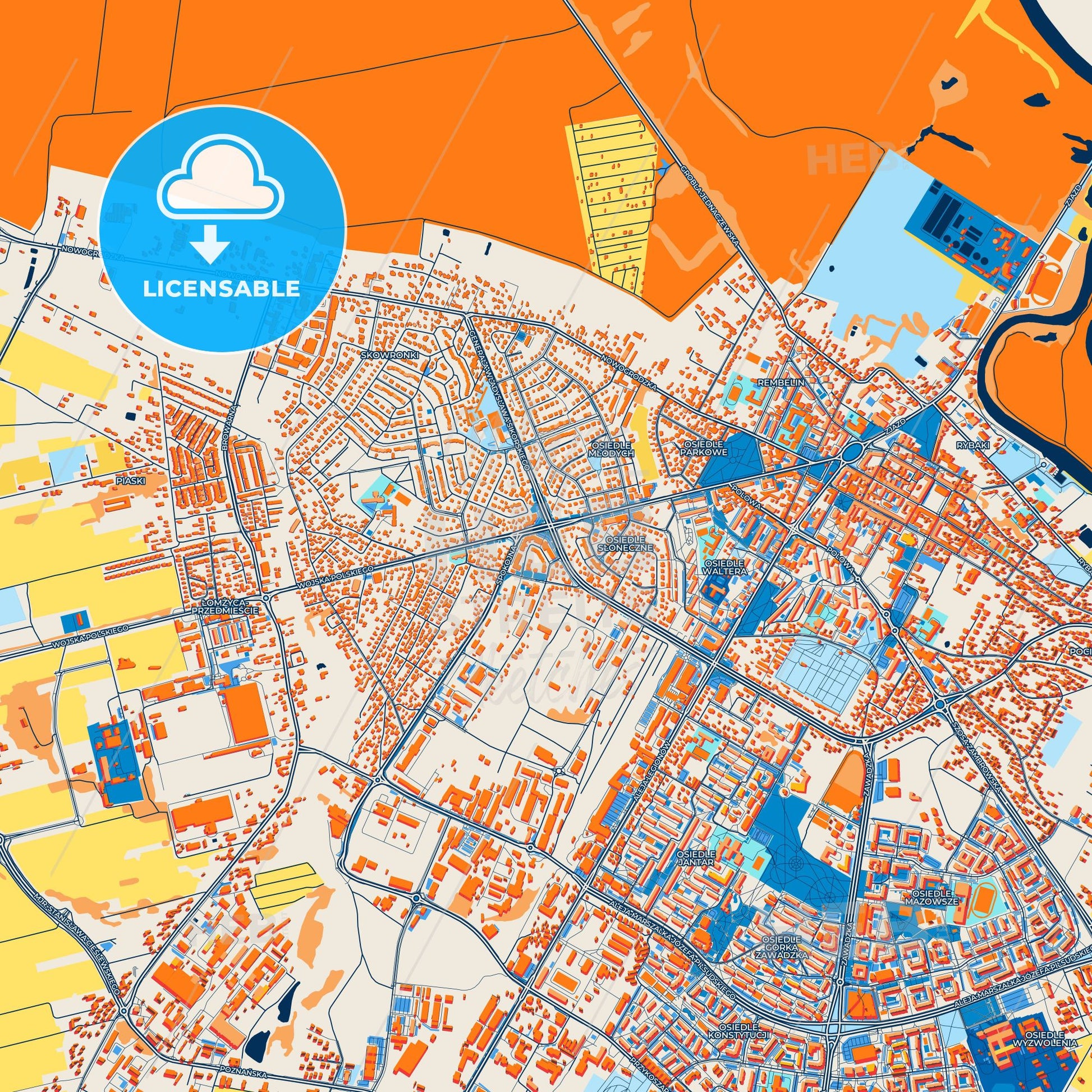 Colorful Łomża Street Map with Labels and Buildings