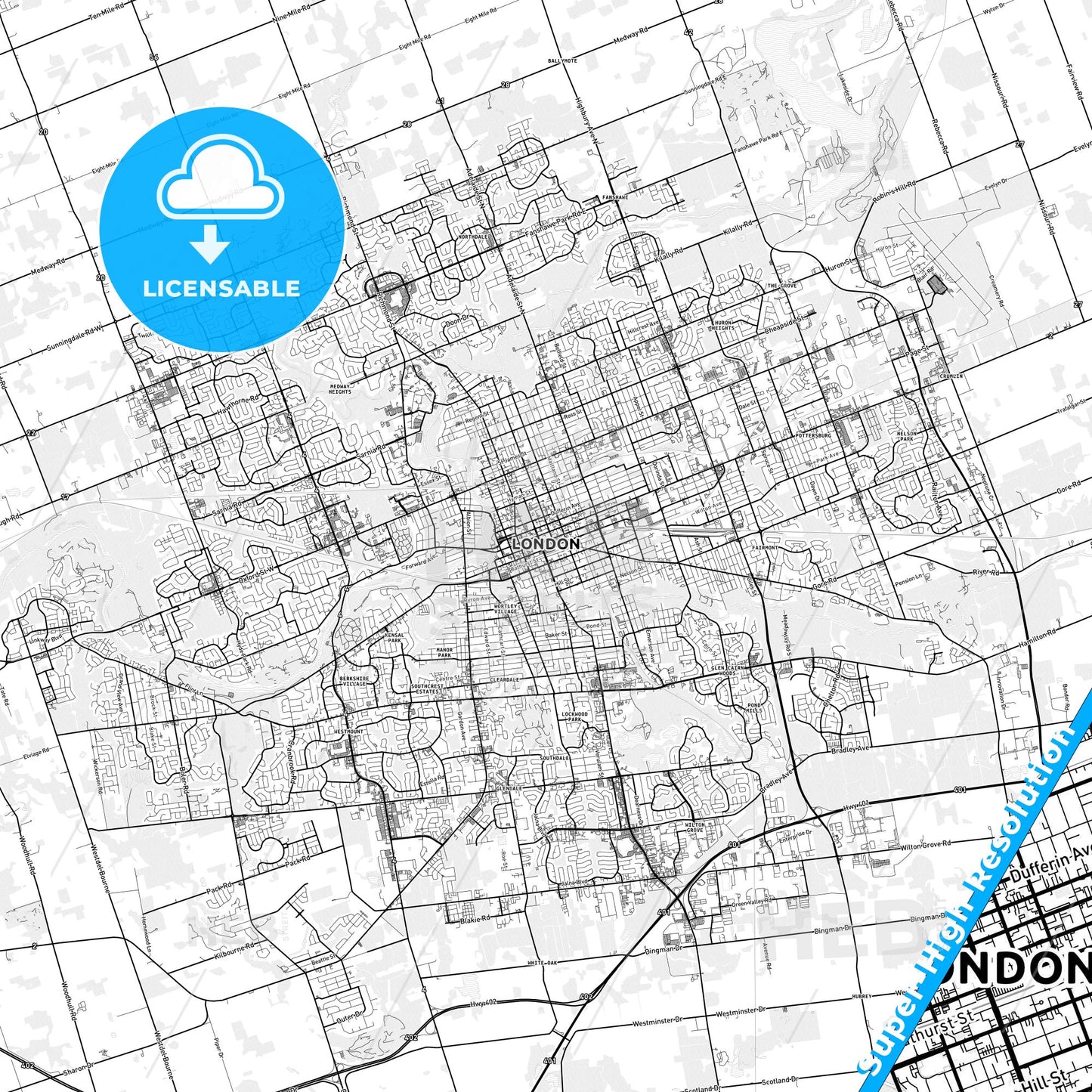 London, Canada light map with streetnames, citynames and districts
