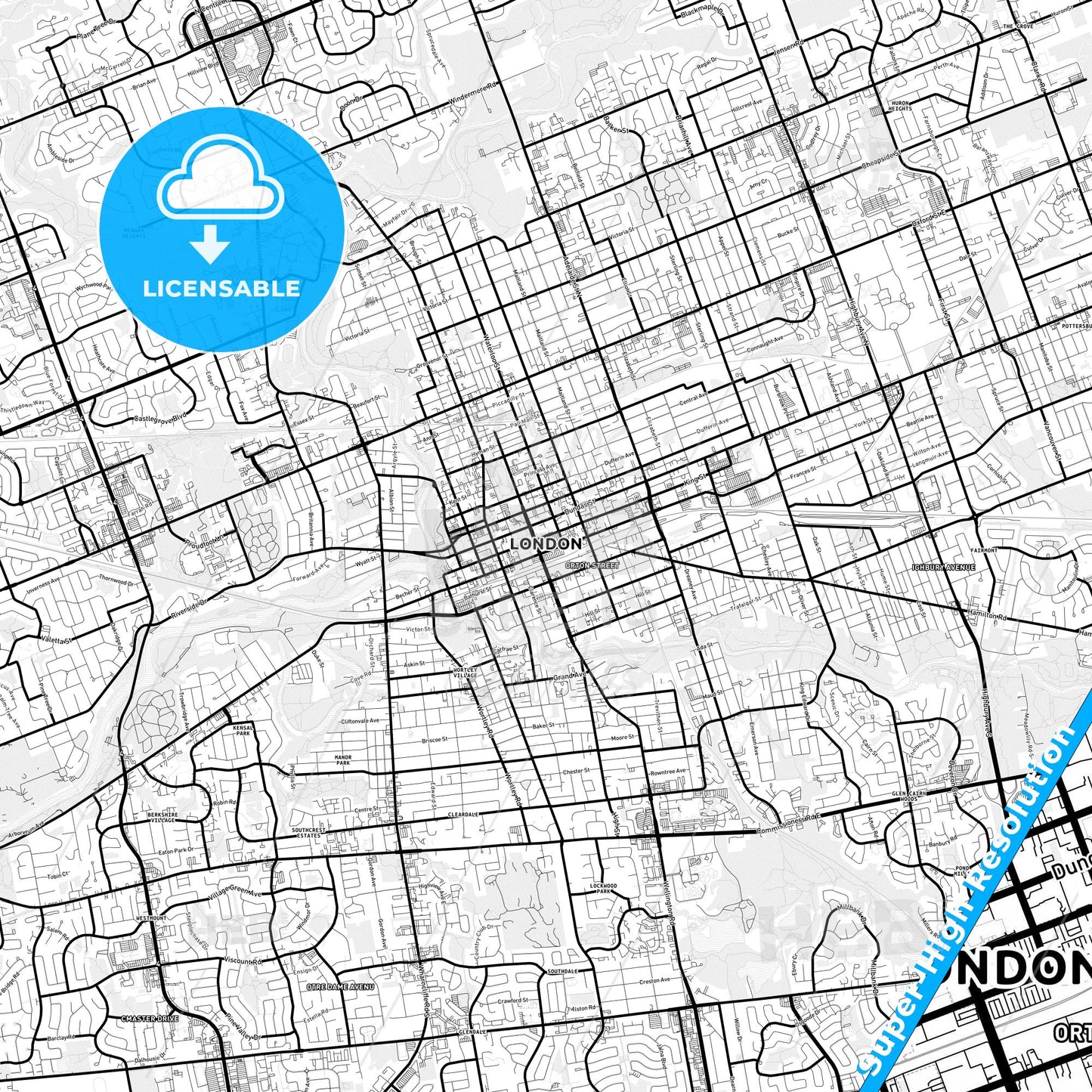 London, Canada Light Map with Street Names, City Names, and Districts