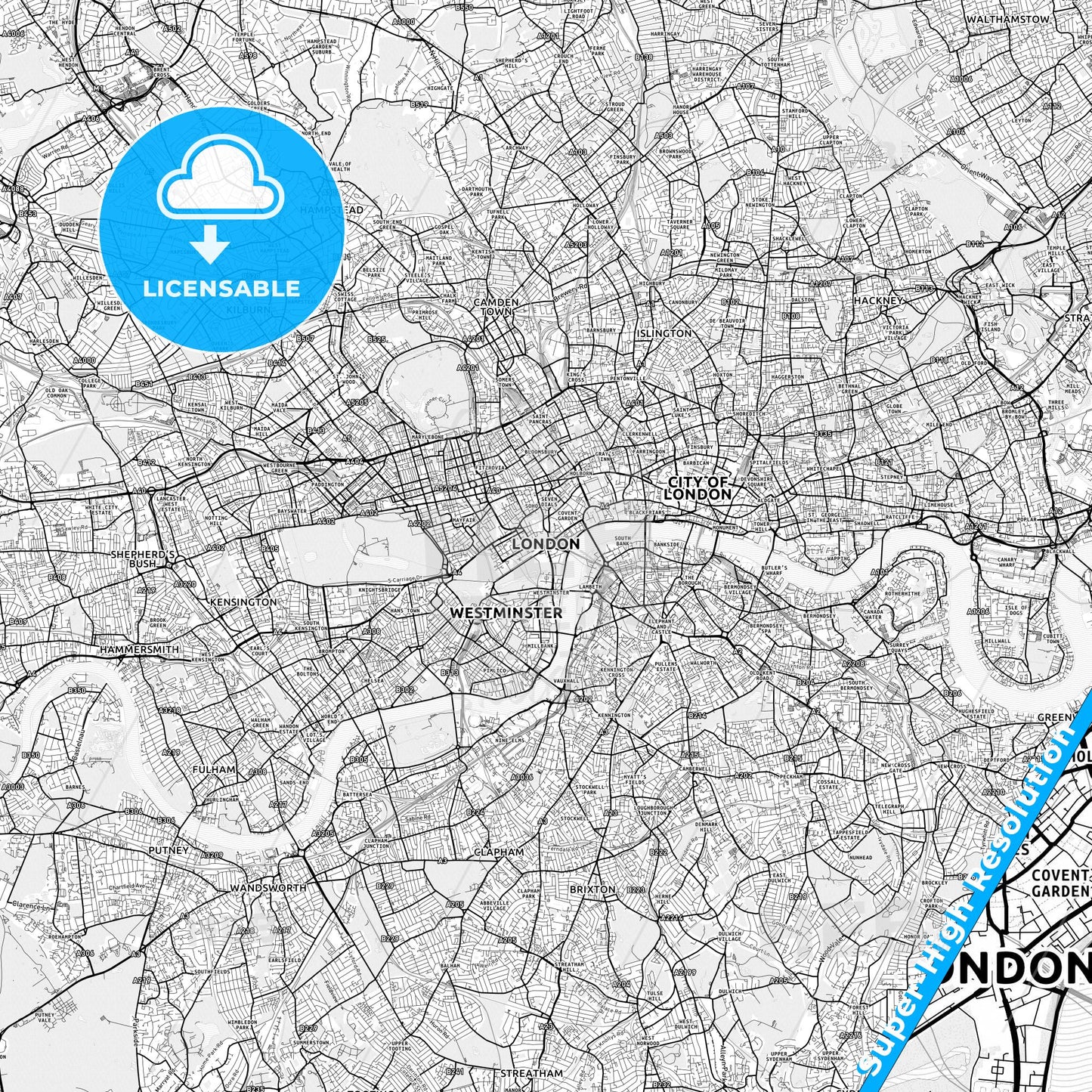 London, England light map with streetnames, citynames and districts
