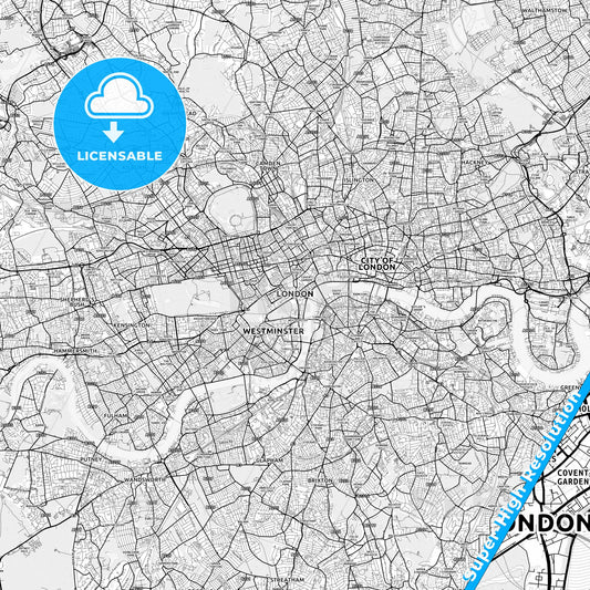 London, England light map with streetnames, citynames and districts