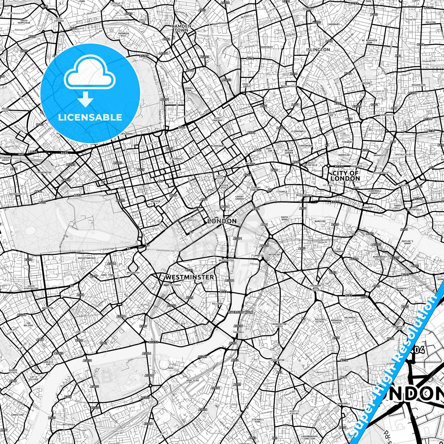 London, England Light Map with Street Names, City Names, and Districts