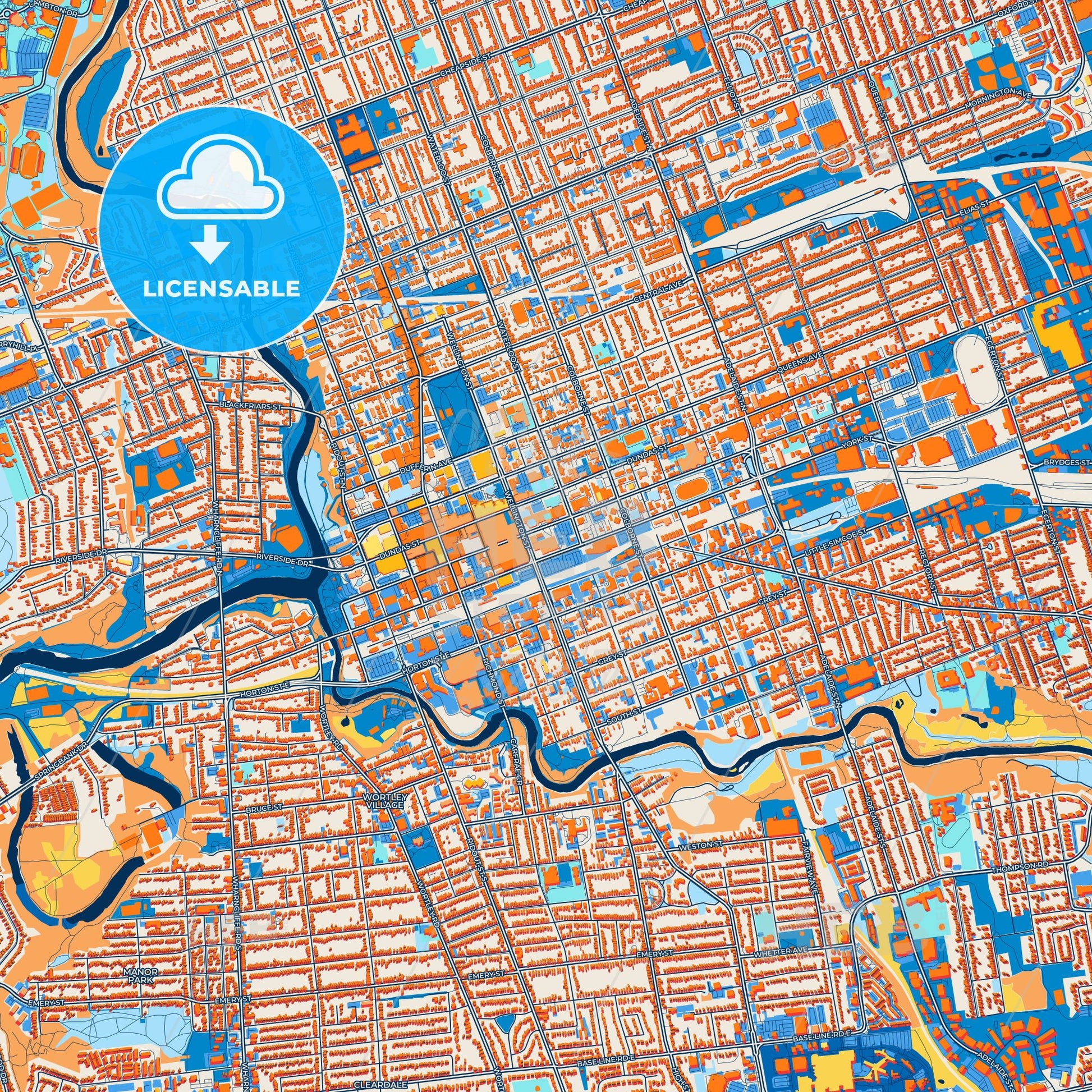 Colorful London Street Map with Labels and Buildings