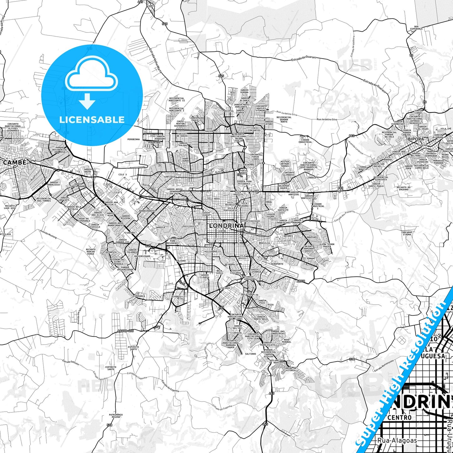 Londrina, Brazil light map with streetnames, citynames and districts