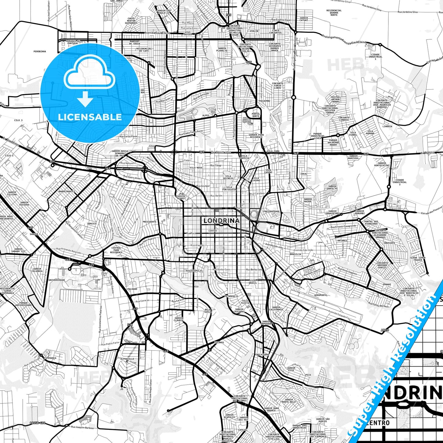 Londrina, Brazil Light Map with Street Names, City Names, and Districts