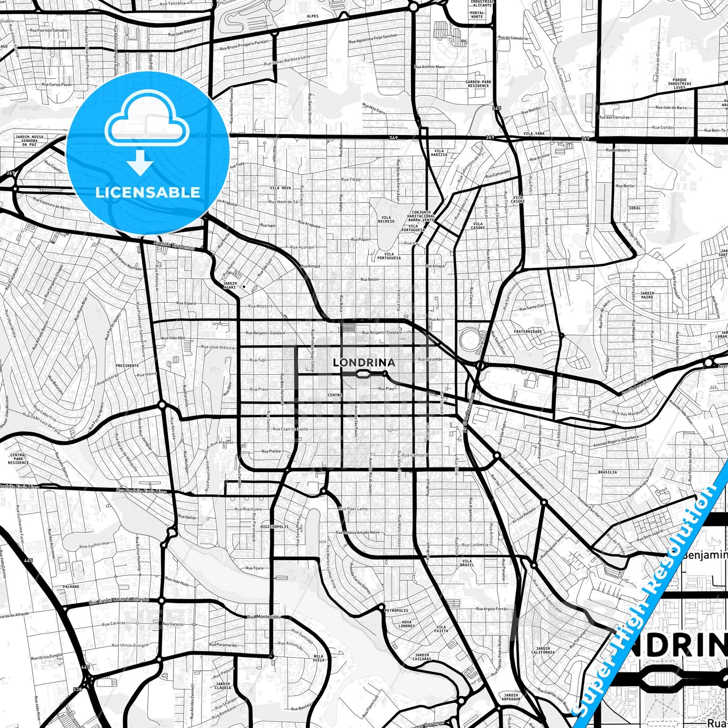 Londrina, Brazil Light Map with Street Names, City Names, and Districts