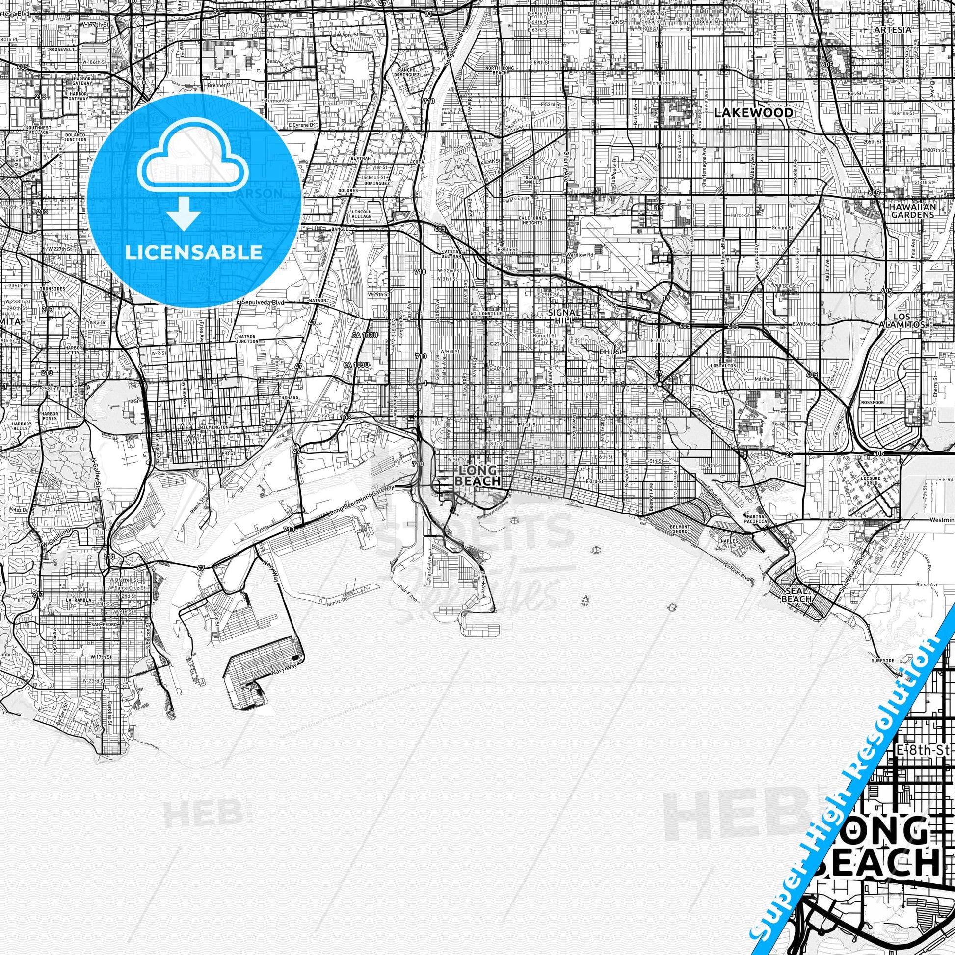 Long Beach, California light map with streetnames, citynames and districts