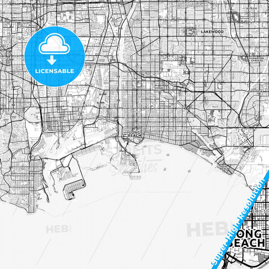 Long Beach, California light map with streetnames, citynames and districts
