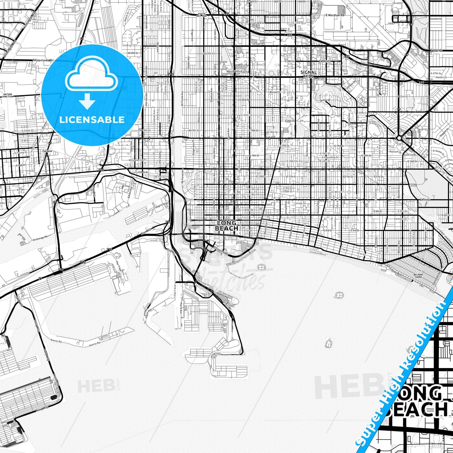 Long Beach, California Light Map with Street Names, City Names, and Districts