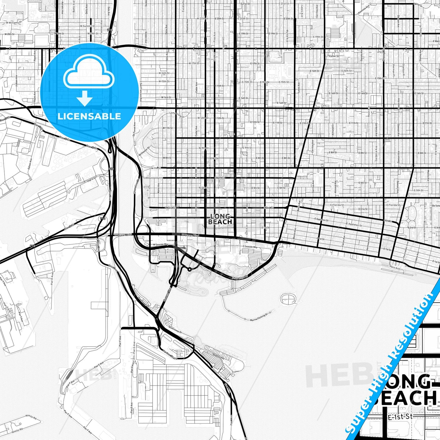 Long Beach, California Light Map with Street Names, City Names, and Districts