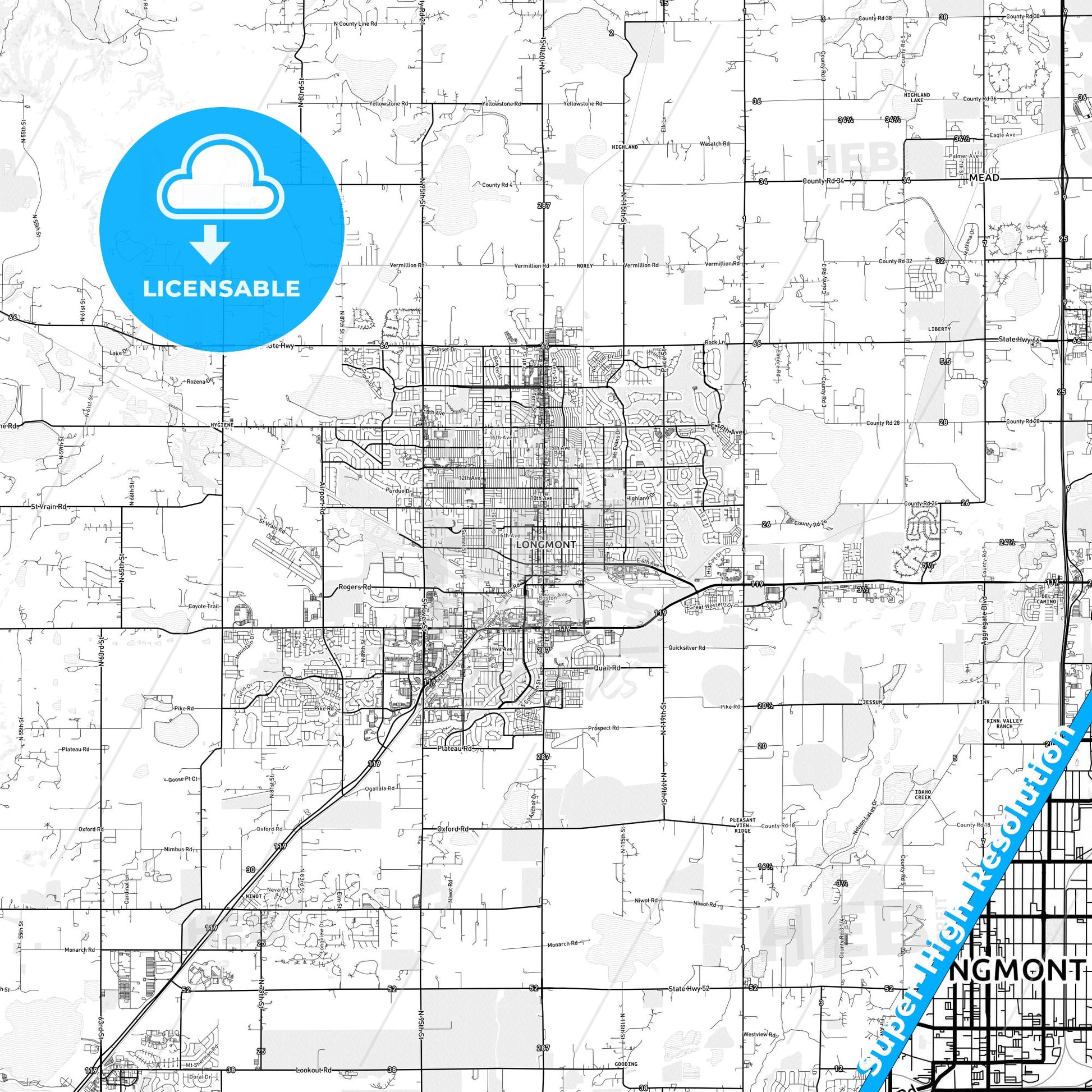 Longmont, Colorado light map with streetnames, citynames and districts